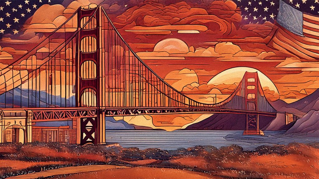 Künstlerische Darstellung der Golden Gate Bridge bei Sonnenuntergang in warmen Rot- und Orangetönen, mit stilisierten Wolken, runden Sonnenformen und einer amerikanischen Flagge im Himmel. Die Szene wirkt patriotisch und retro, mit Bergen im Hintergrund und hügeliger Landschaft im Vordergrund.